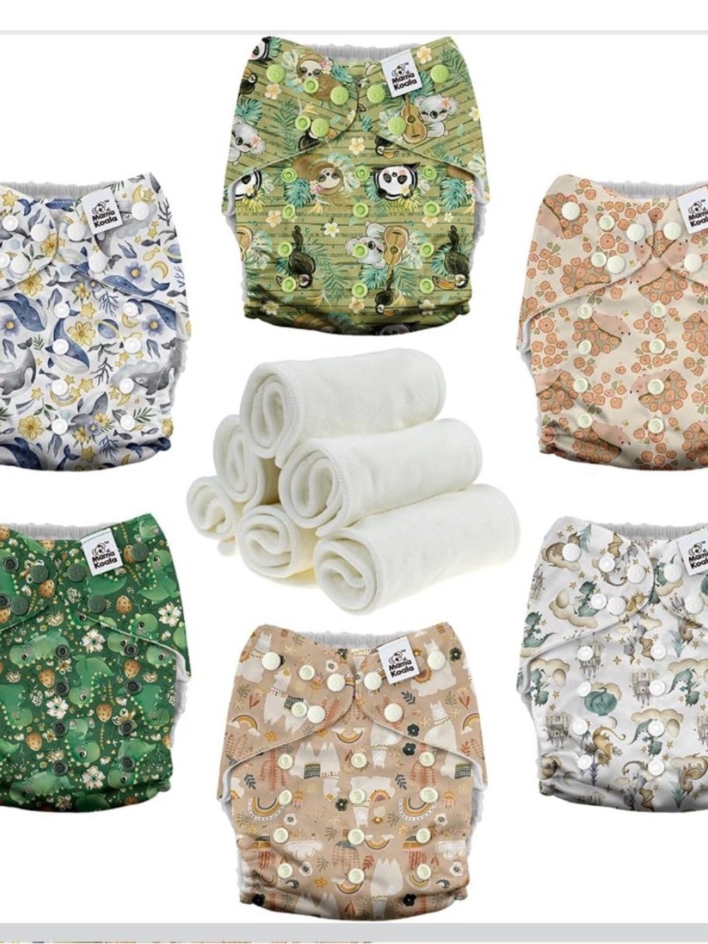 Mama Koala 3.0 Pocket Cloth Diapers w/AWJ Lining, 6 Pack set w/covers & inserts